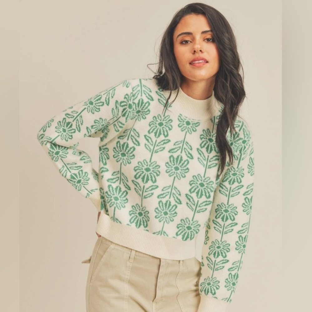 &Merci Mock Neck Green & Cream Floral Daisy Pattern Sweater Size Large